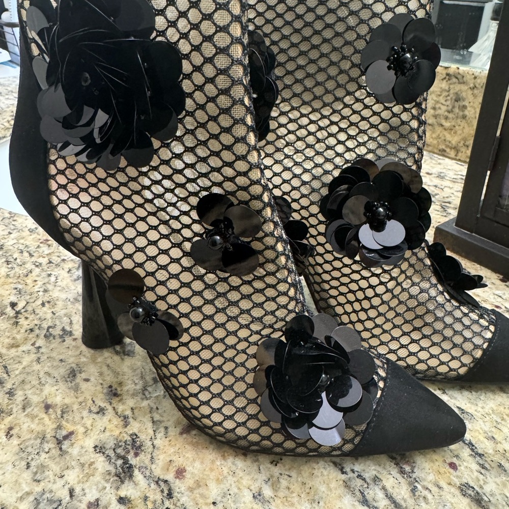 Betsey Johnson Black Mesh Floral Heeled Boots